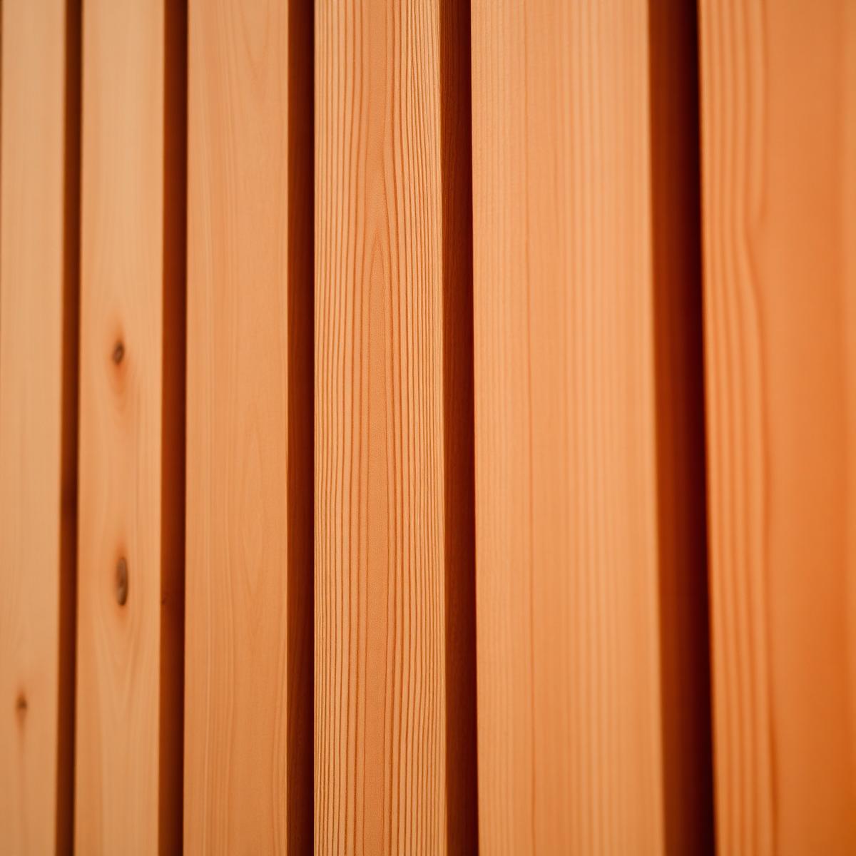 Close-up of perfectly aligned vertical cedar fence slats glowing in warm sunset light