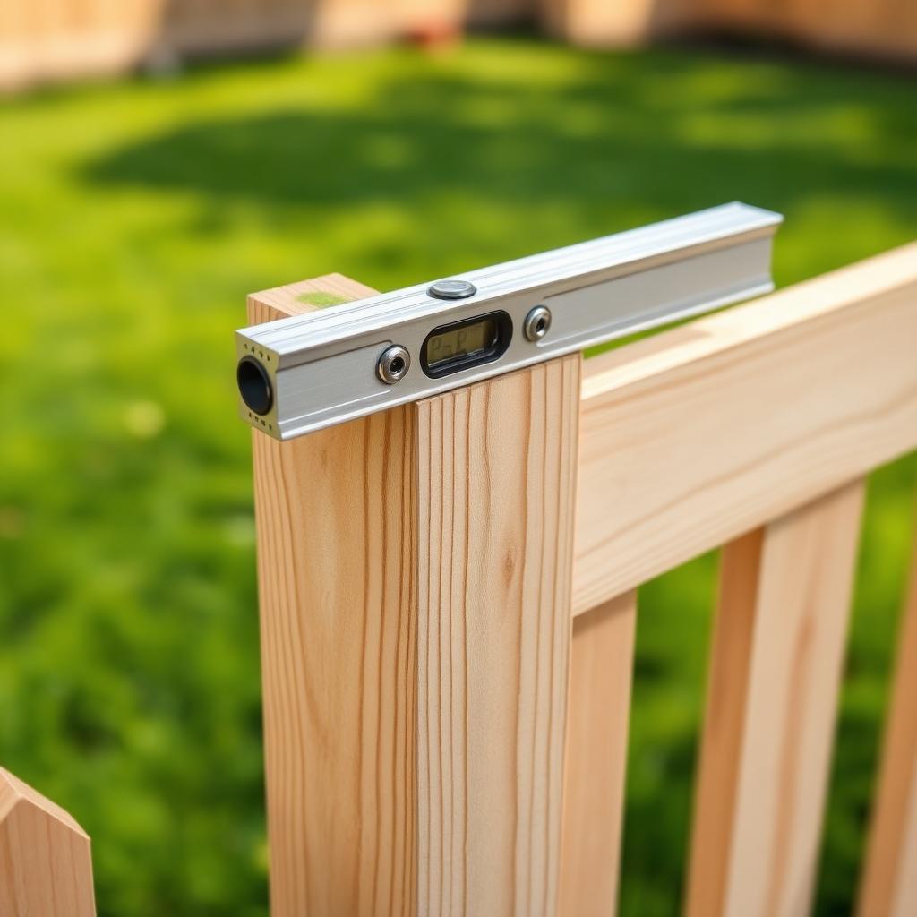 Craftsman using a level on a new wooden fence post